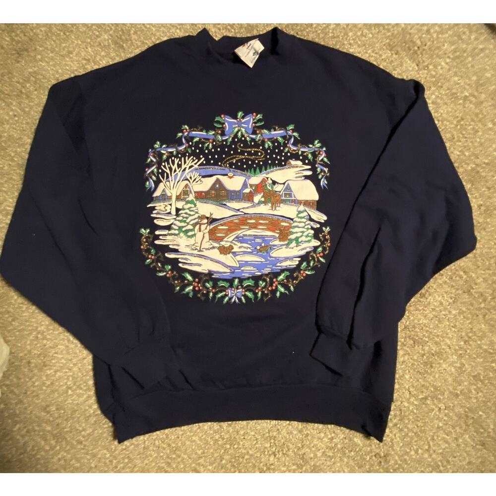 Vintage Christmas Cottage Ski Scenery Pullover Sweatshirt size L Navy Blue